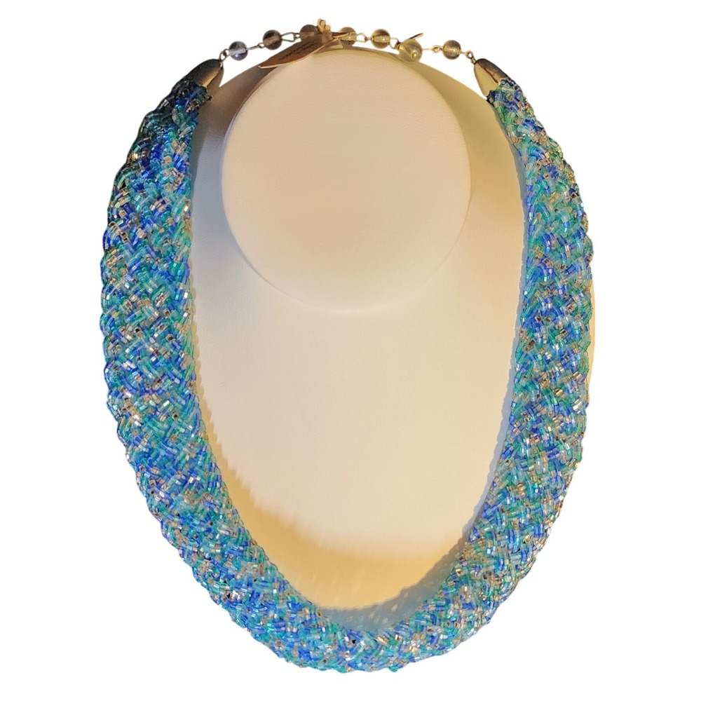 New VTG Woven Glass Seed Bead Collar Necklace Blue Teal Made in Czechoslovakia